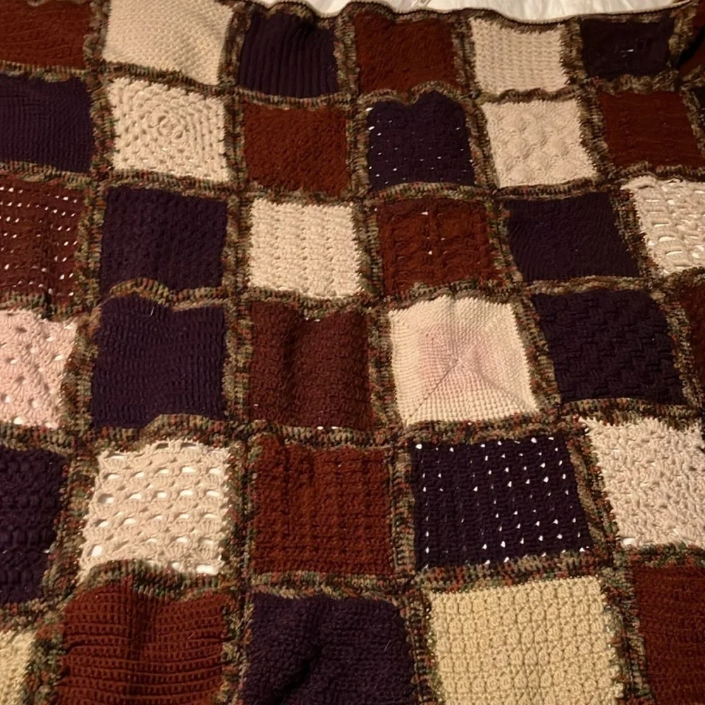 Handmade knit and crochet granny square wool  afghan 58” square